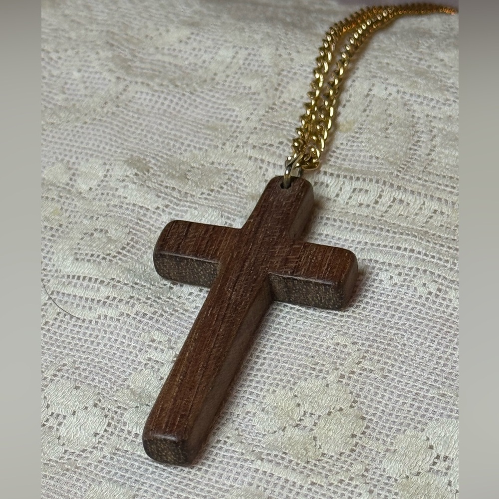 Vintage Smooth Brown Wood Cross Devotional Pendant with Golden Toned Chain